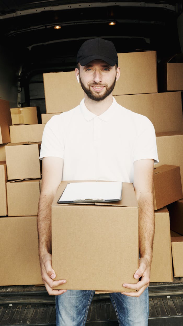 A deliveryman in a cap holding a box standing in front of a truck loaded with cartons.